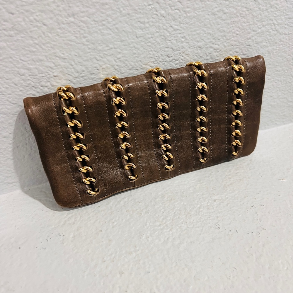 Tory Burch Tan Clutch with Gold Chain Detail